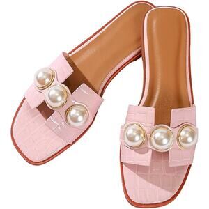 Verdusa Womens Size 8.5 Pink Faux Leather Pearl Slide On Flat Sandal Shoes